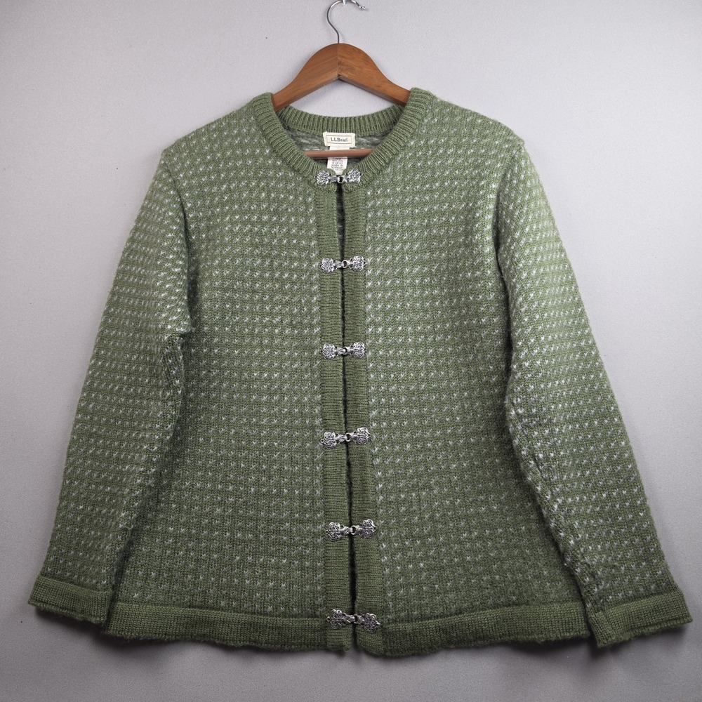 L.L. Bean Vintage Norwegian Birdseye Wool Clasp Cardigan Sweater Green Womens M